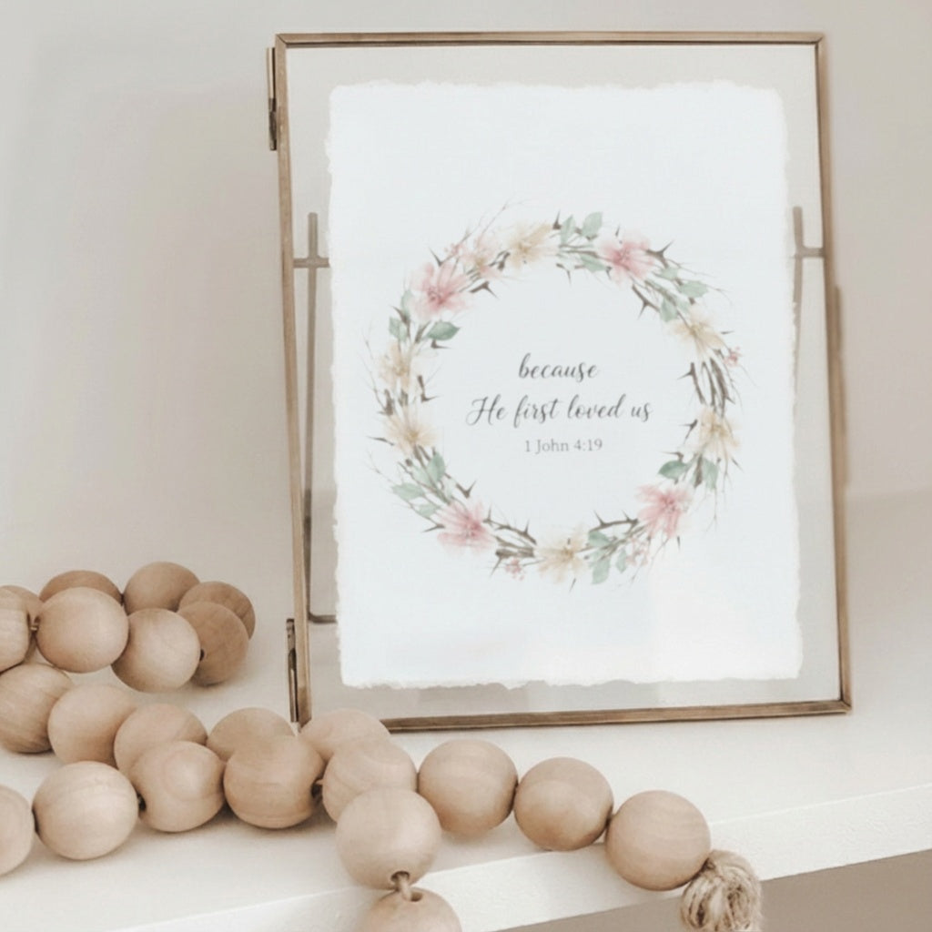 Glass Table Frames & Cards - He First loved Wreath