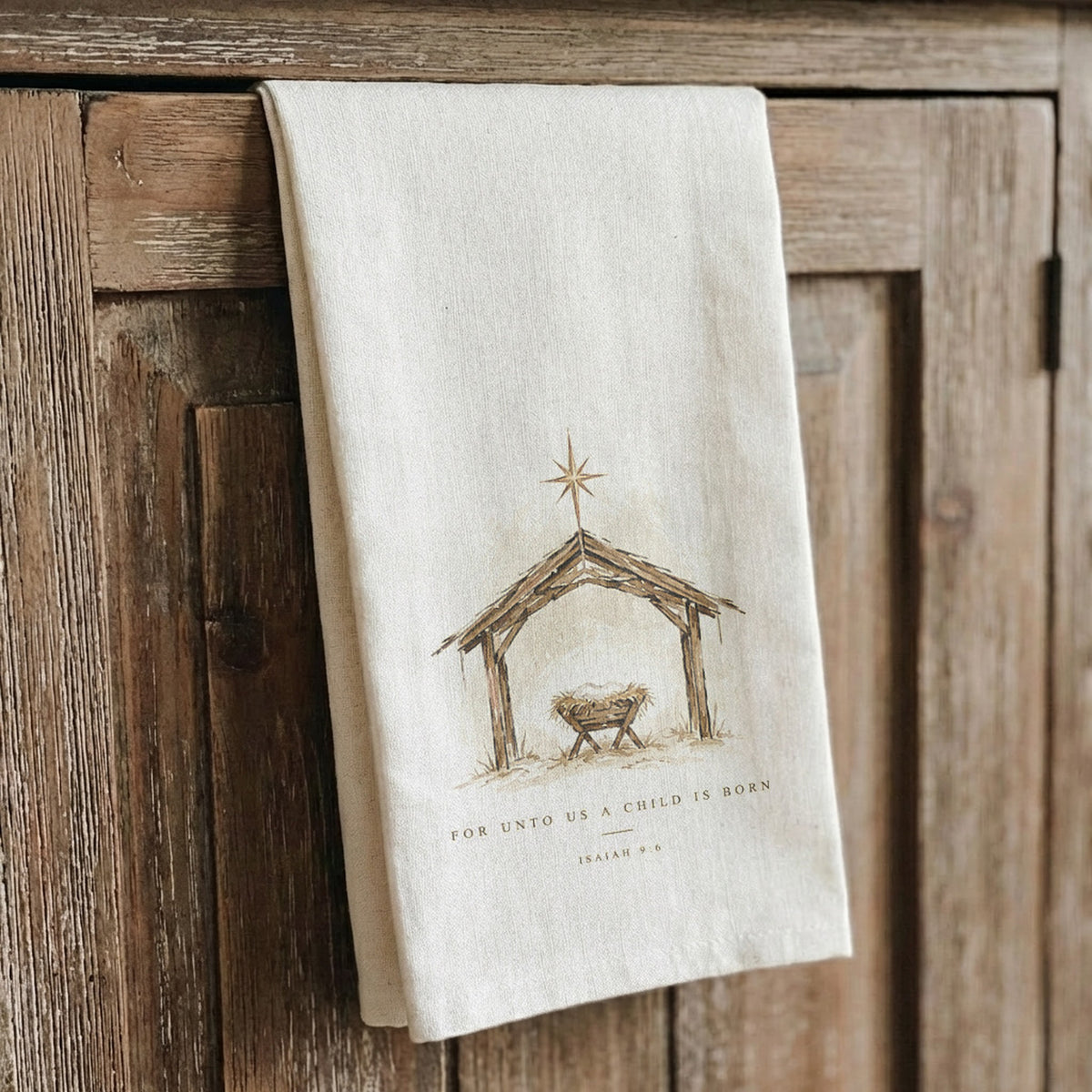 For Unto Us Manger Christmas Nativity Tea Towel