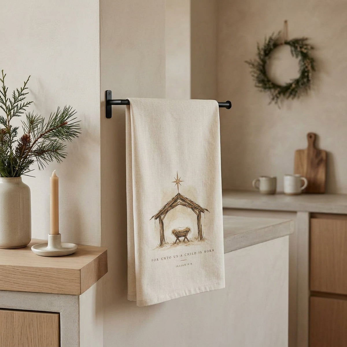 For Unto Us Manger Christmas Nativity Tea Towel