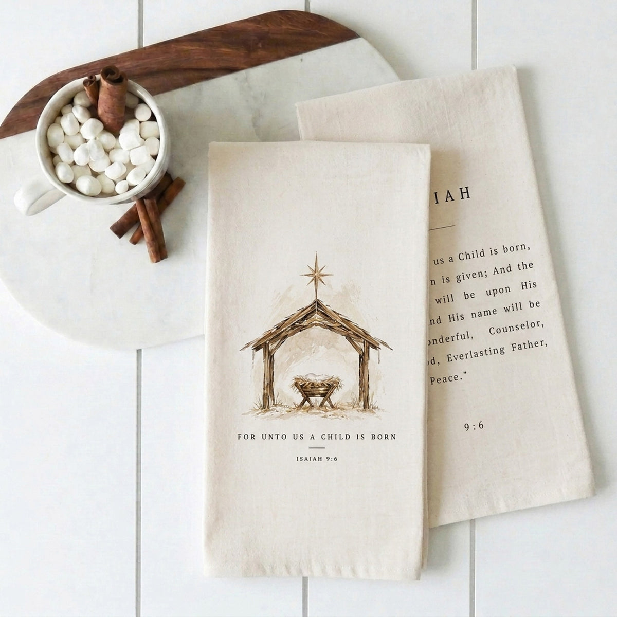 For Unto Us Manger Christmas Nativity Tea Towel