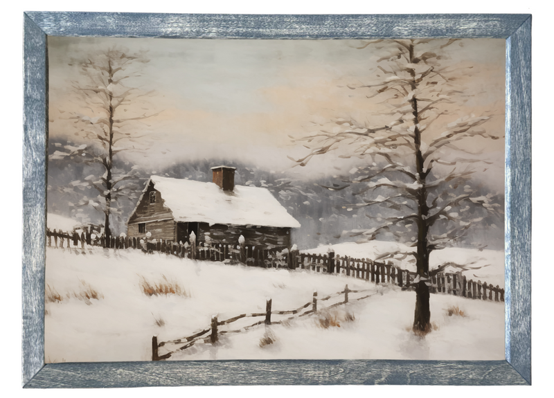 Snowy Cabin Wood Framed Print