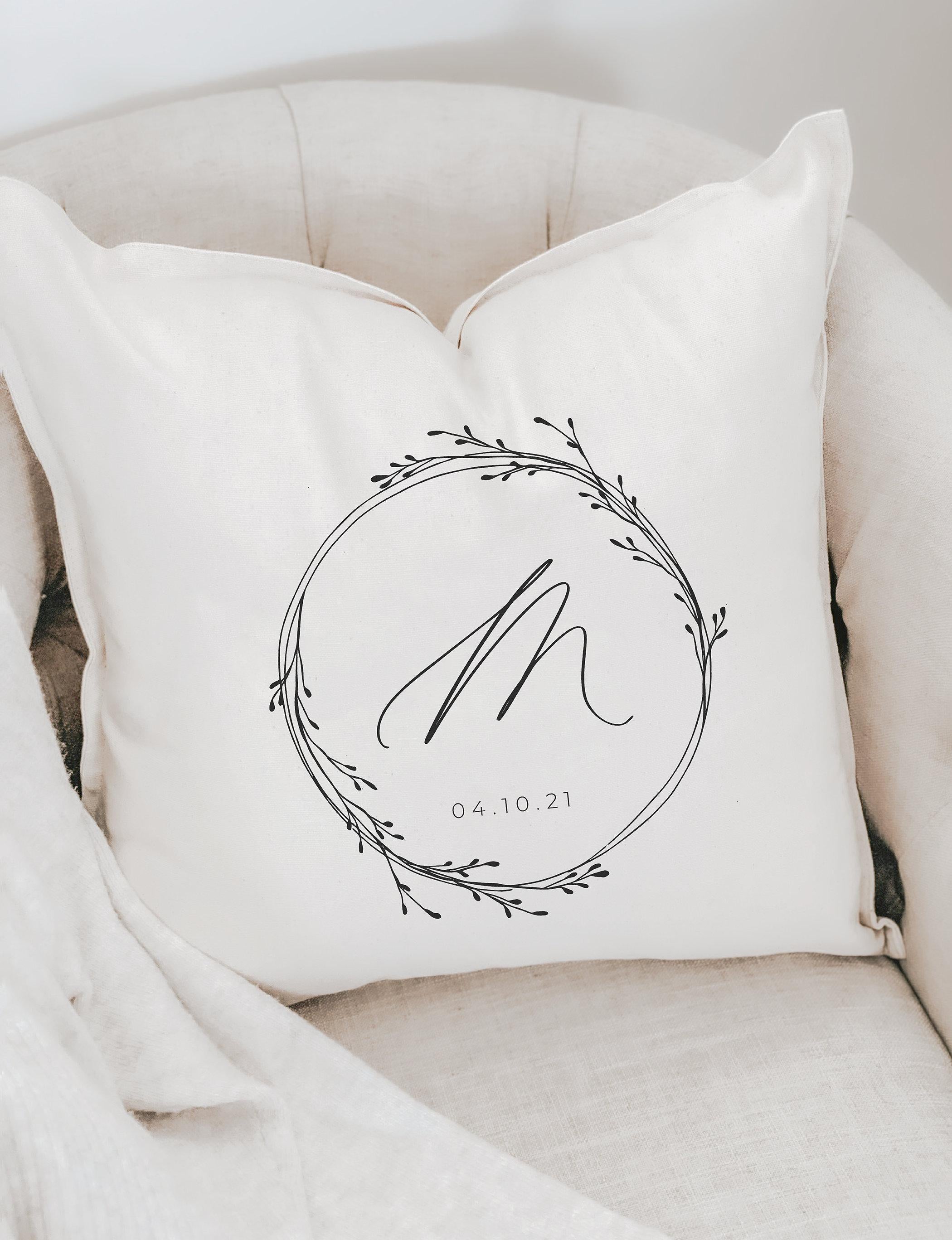 Personalized Initial Throw Pillow: Cotton Wreath, Custom Calligraphy