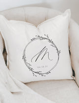 Personalized Initial Throw Pillow: Cotton Wreath, Custom Calligraphy