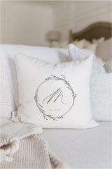 Personalized Initial Throw Pillow: Cotton Wreath, Custom Calligraphy