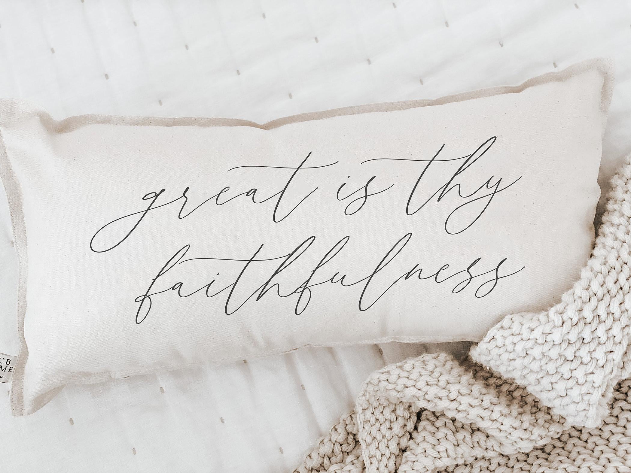 Lumbar Pillow - Great is Thy Faithfulness -  Christian, Verse, Handmade in USA, Calligraphy, Shop Small, Housewarming gift, Cushion Cover