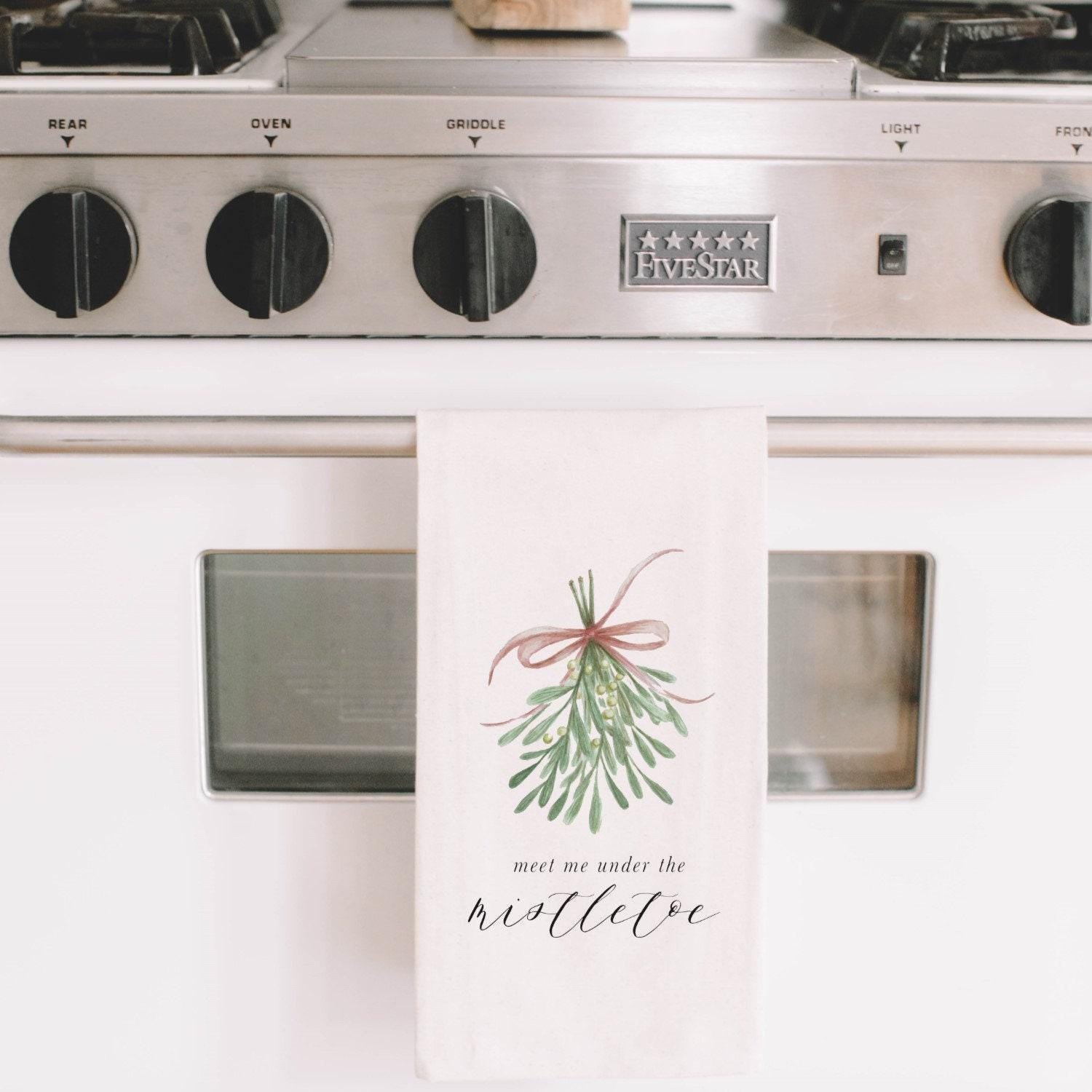 Christmas Watercolor Tea Towel - Meet Me Under the Mistletoe Watercolor, gift, kitchen decor, anniversary present, Seasonal, Cute, Winter