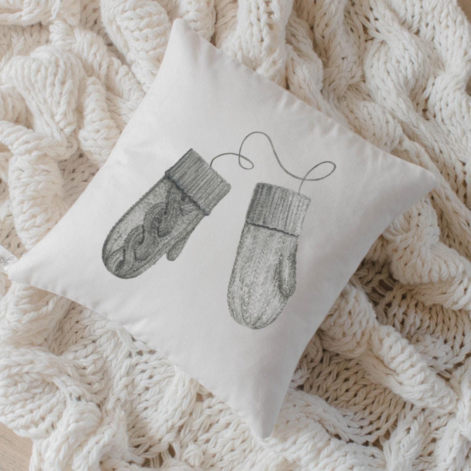 Christmas Throw Pillow -  Mittens Watercolor, Handmade in USA, 100% Organic Cotton, Home Decor, Cute, Housewarming gift, Cushion Cover