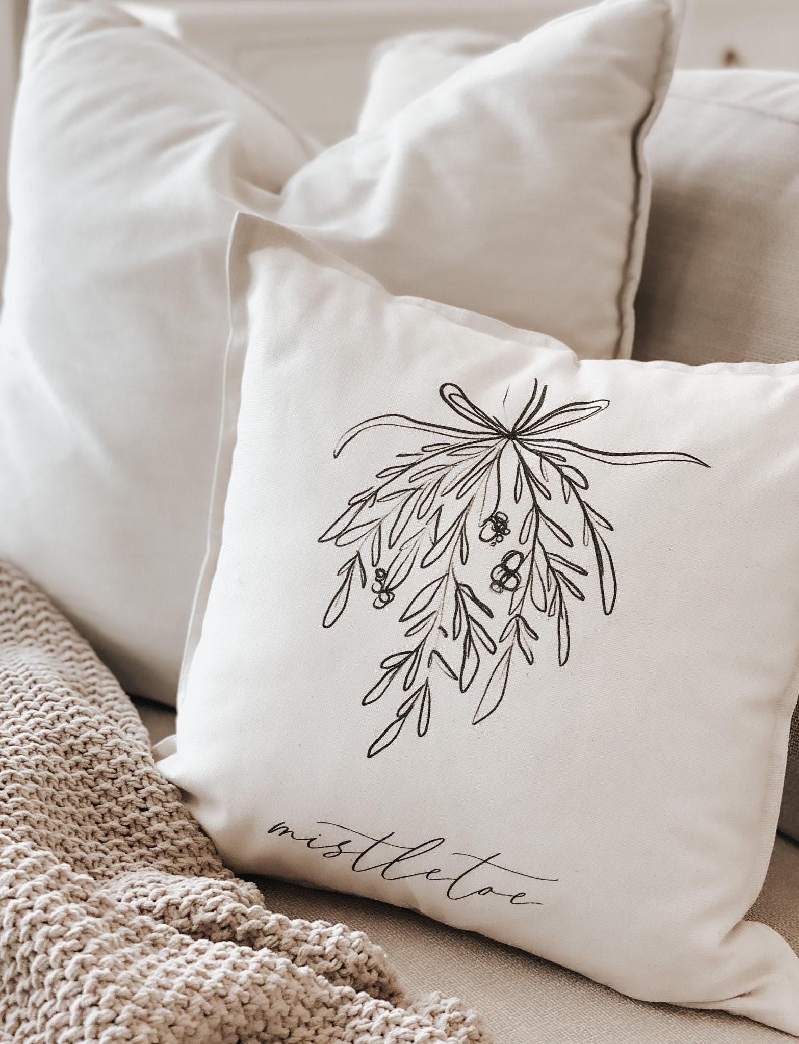 Christmas Throw Pillow - Mistletoe Sketch, Handmade in USA, 100% Organic Cotton, Home Decor, Cute, Housewarming Gift, Holiday Decor