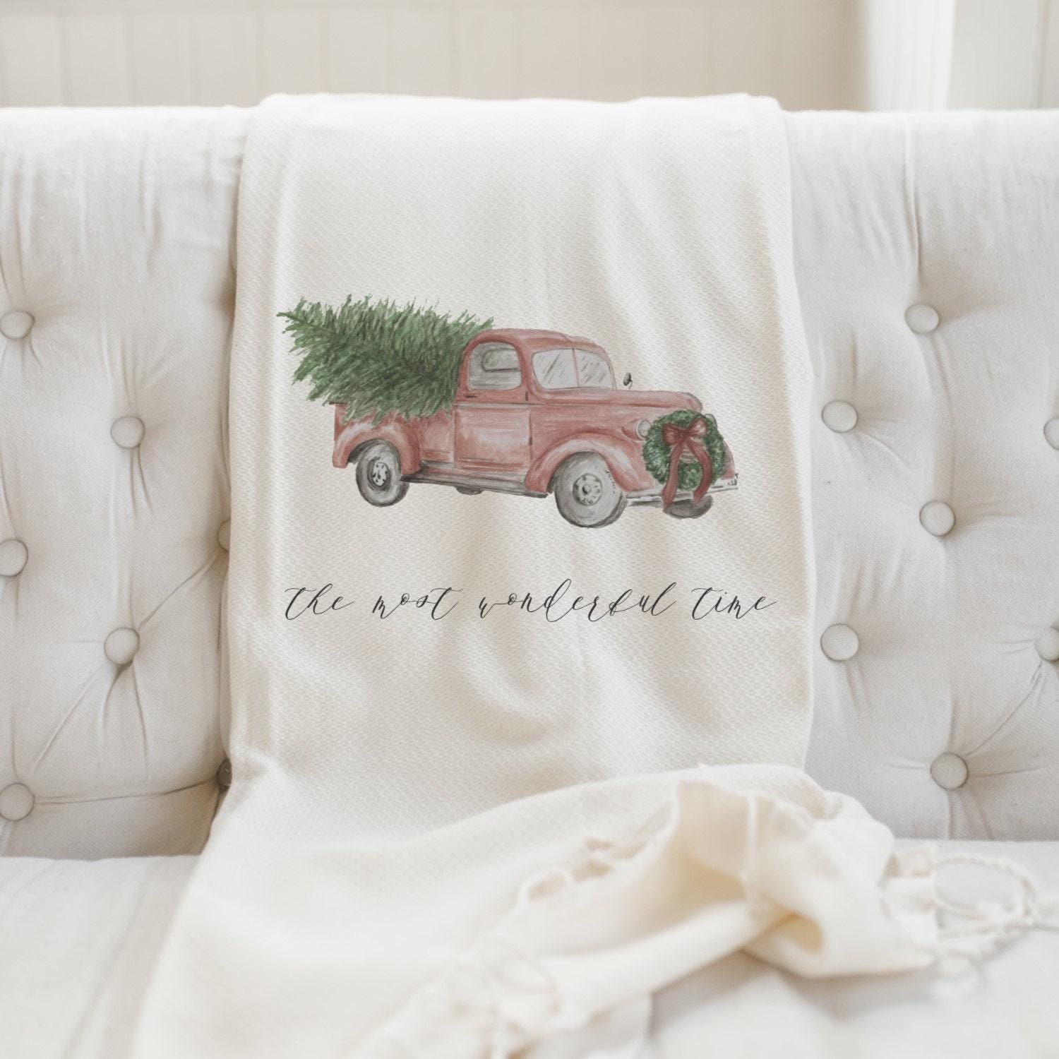 Christmas Throw Blanket - The Most Wonderful Time Watercolor, Lightweight, Winter Decor, Gift for Her, Seasonal Decor, Christmas, Red Truck