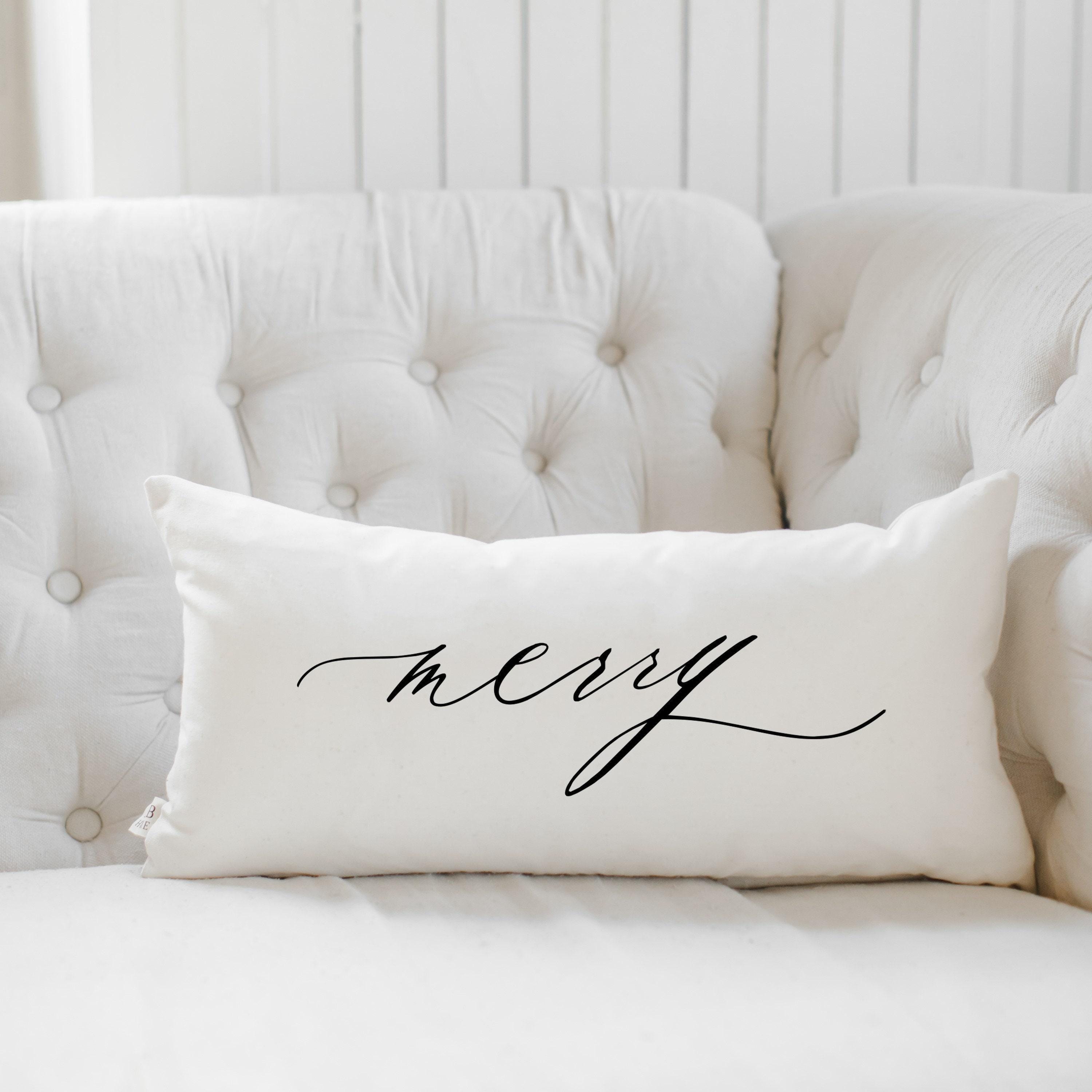 Lumbar Pillow - Merry Script, Christmas decor, calligraphy, home decor, holiday, cushion cover, cushion sham, seasonal pillow