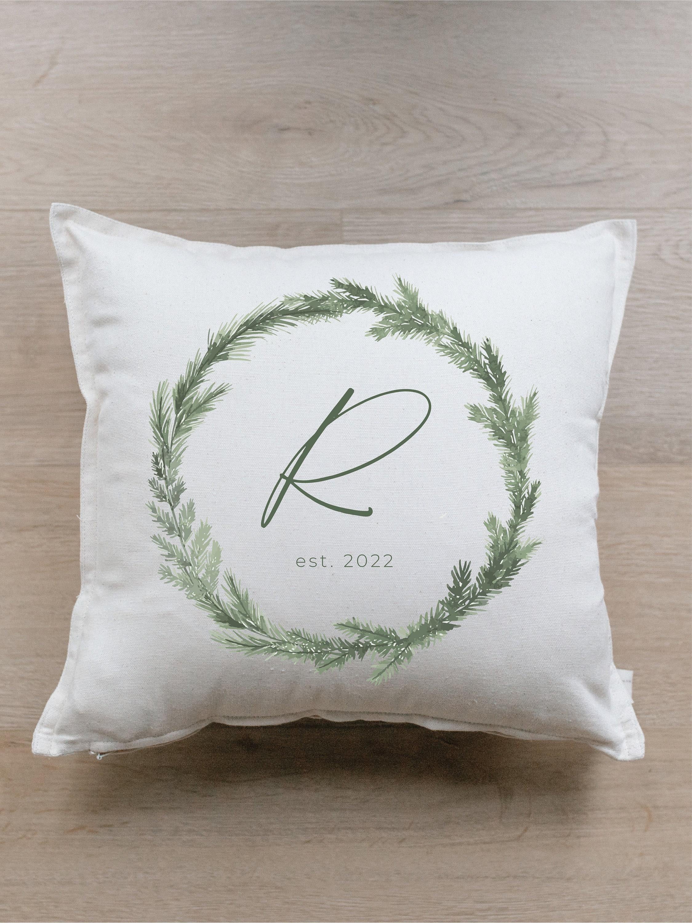 Throw Pillow - Personalized Christmas Wreath Last Name Initial With Est. Year - Wedding Gift, Engagement Gift, Organic Cotton, Christmas