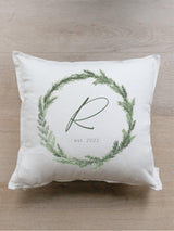 Throw Pillow - Personalized Christmas Wreath Last Name Initial With Est. Year - Wedding Gift, Engagement Gift, Organic Cotton, Christmas