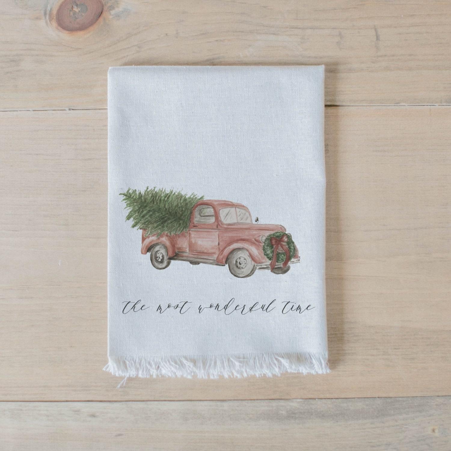 Christmas Napkin Set - Watercolor Christmas Tree Truck, Home Decor, Housewarming, Tableware, Place Setting, Table Setting, Seasonal Decor