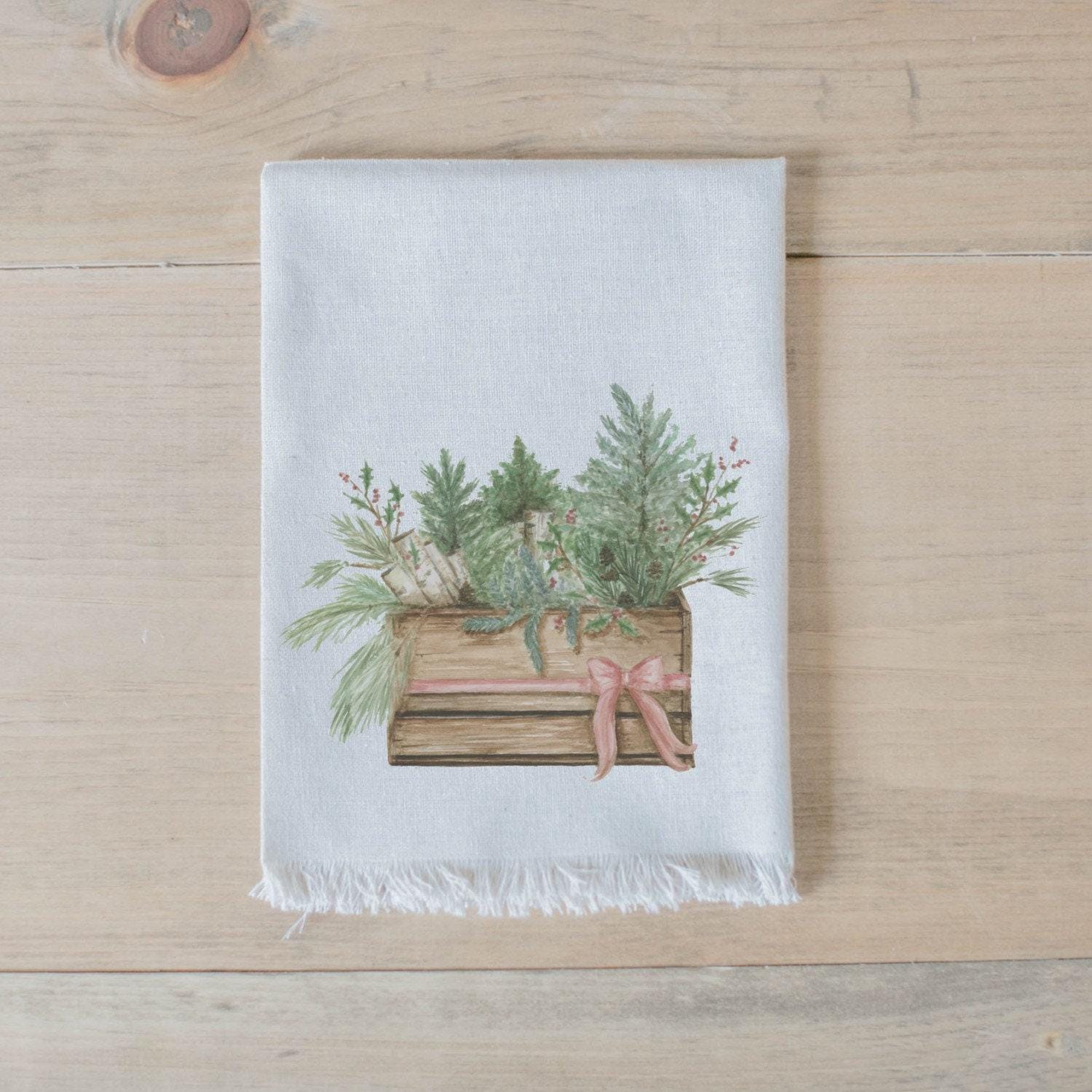 Christmas Napkin Set - Greens in Crate Watercolor, Decor, Housewarming, Tableware, Place Setting, Table Setting, Seasonal Decor