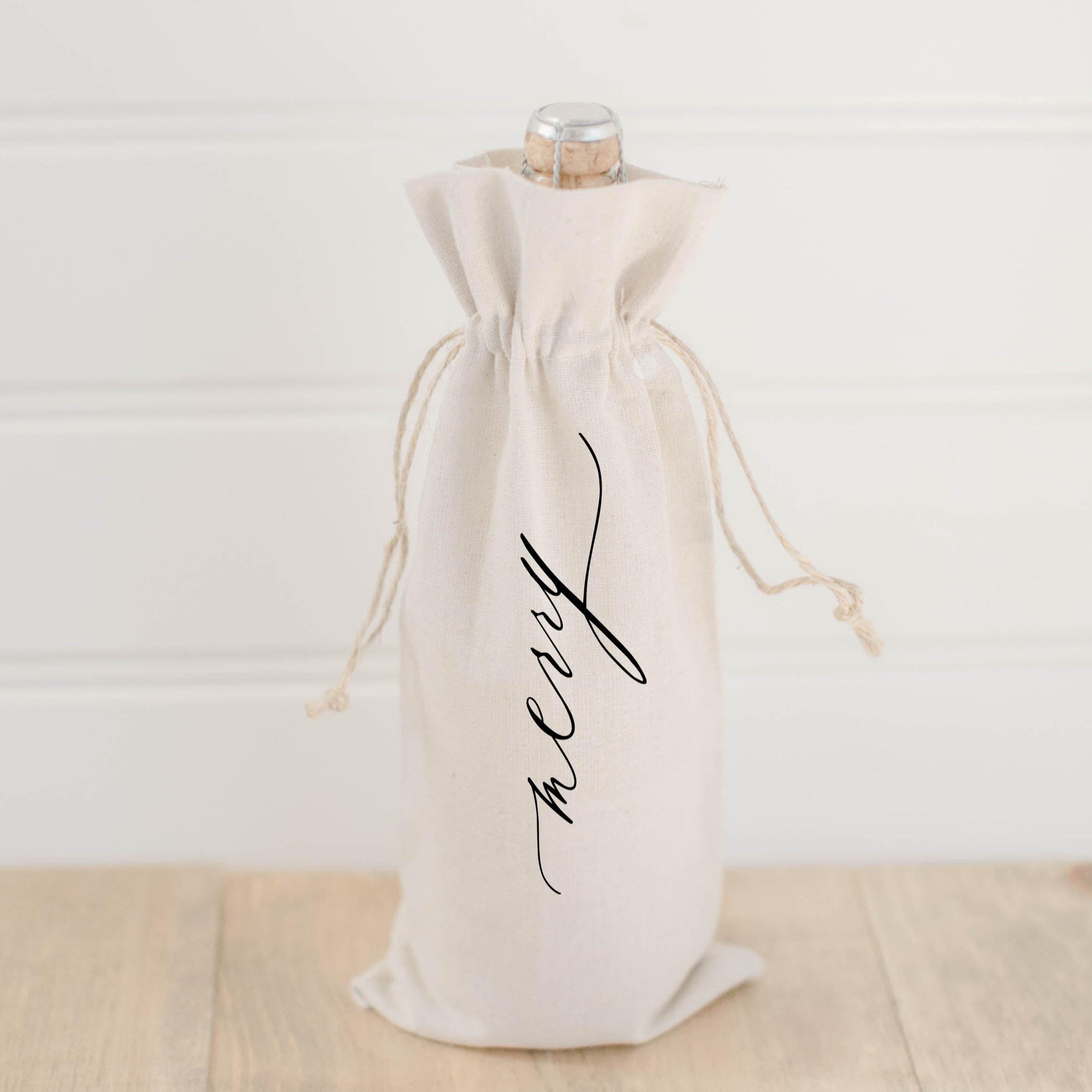 Christmas Wine Bag - Merry Script, hostess gift, wedding gift, Handmade in USA, Winter Decor, Gift, Present for Her, Seasonal Home Decor