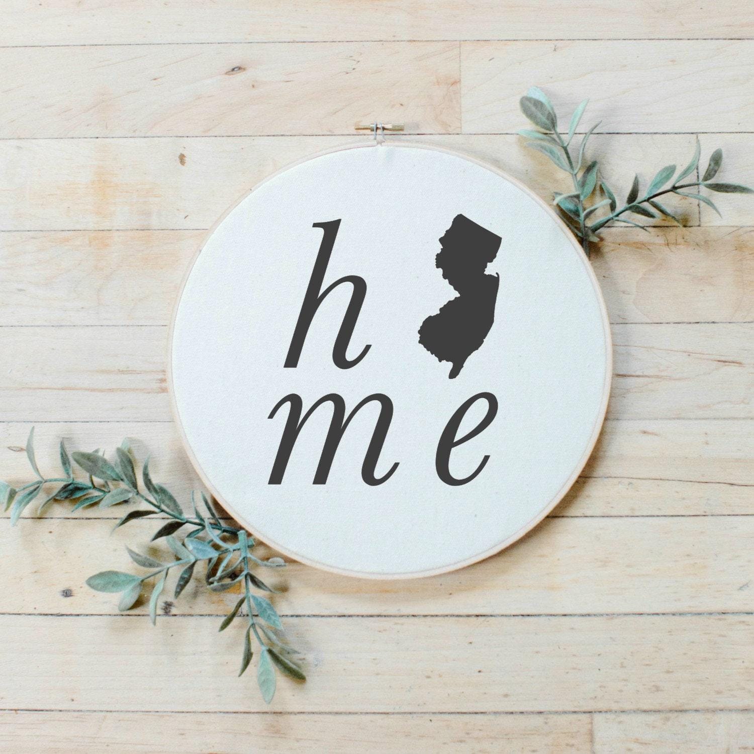Embroidery Hoop - Personalized Home State, handmade, rustic farmhouse style decor, 100% cotton, direct-to-garment printing