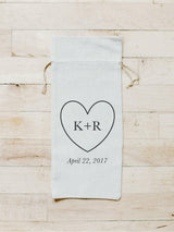 Personalized Linen Wine Bag: Heart, Initials & Date - Wedding Favor
