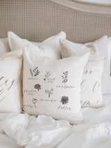 Flower Types Throw Pillow: Vintage Farmhouse Organic Cotton Home Decor
