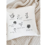 Flower Types Throw Pillow: Vintage Farmhouse Organic Cotton Home Decor