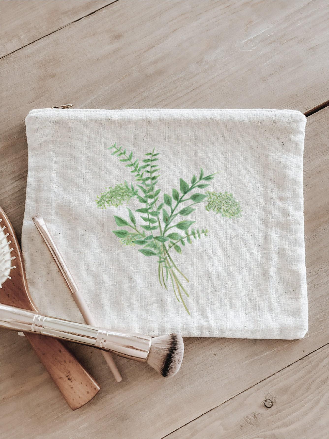 Eucalyptus Watercolor Cosmetic Bag: Handmade Organic Cotton Pencil Case