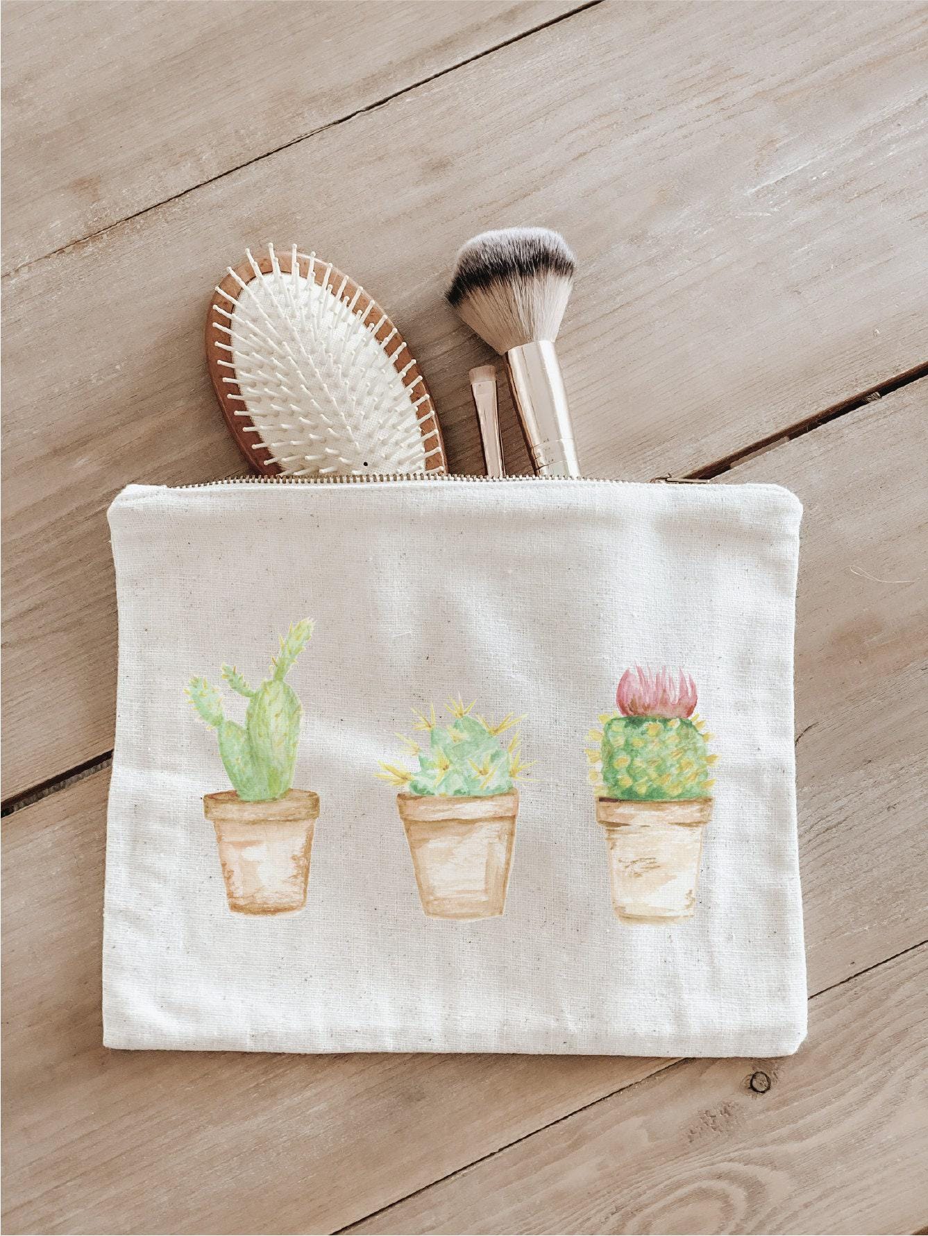 Cosmetic Bag - Cactus Watercolor, Handmade in USA, 100% Organic Cotton, Shop Small, Pencil Case, Bridesmaid Gift, Wedding Favor