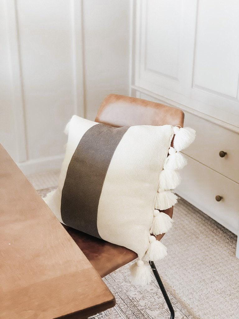 Gray and Cream Tassel Pillow - home decor, gift for her, wedding gift, engagement present, girlfriend, farmhouse, housewarming, cozy decor