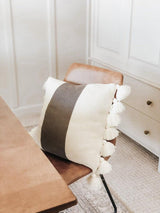 Gray and Cream Tassel Pillow - home decor, gift for her, wedding gift, engagement present, girlfriend, farmhouse, housewarming, cozy decor