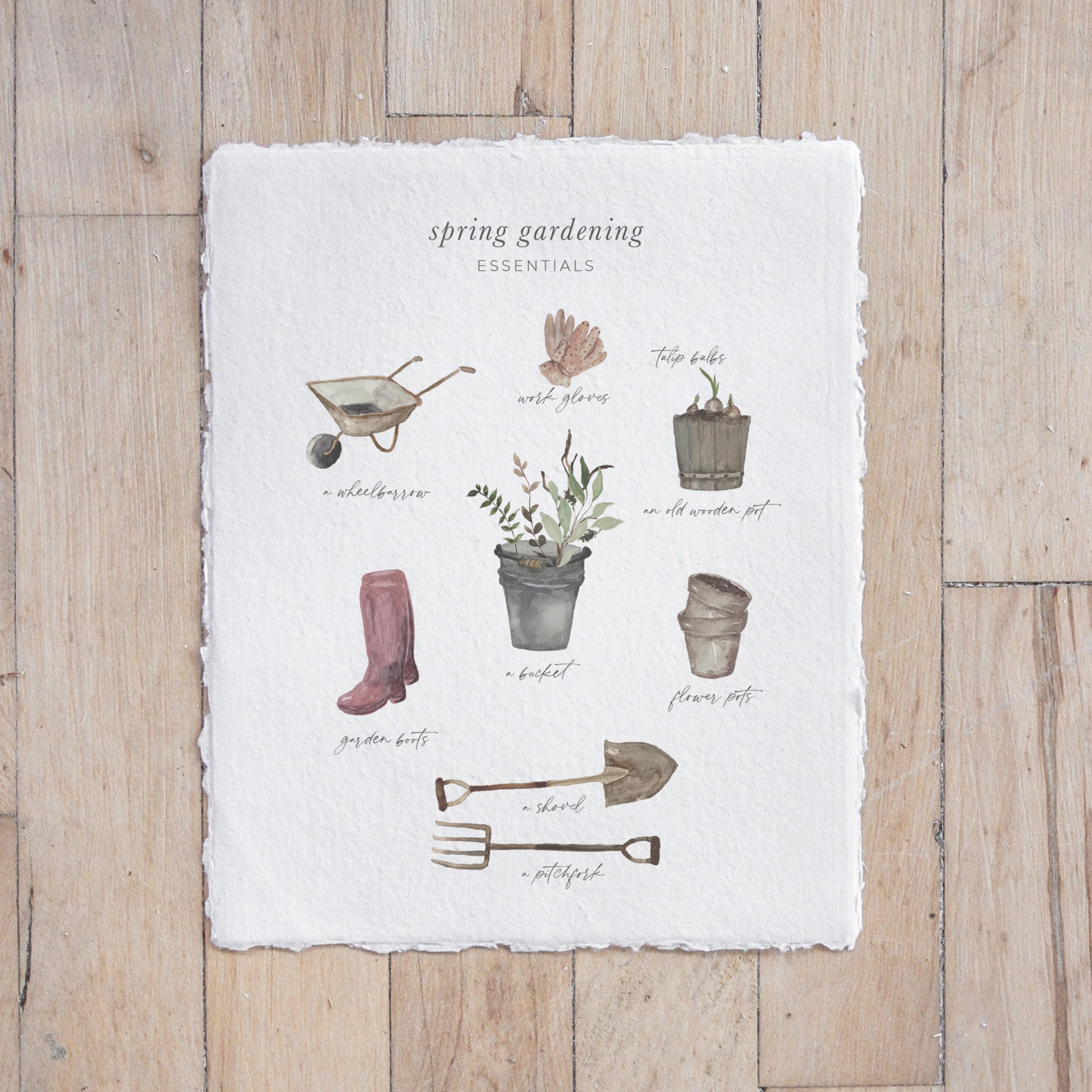 Calligraphy Print - Garden Essentials Watercolor, Spring Decor, housewarming gift, farmhouse decor, present, rustic style