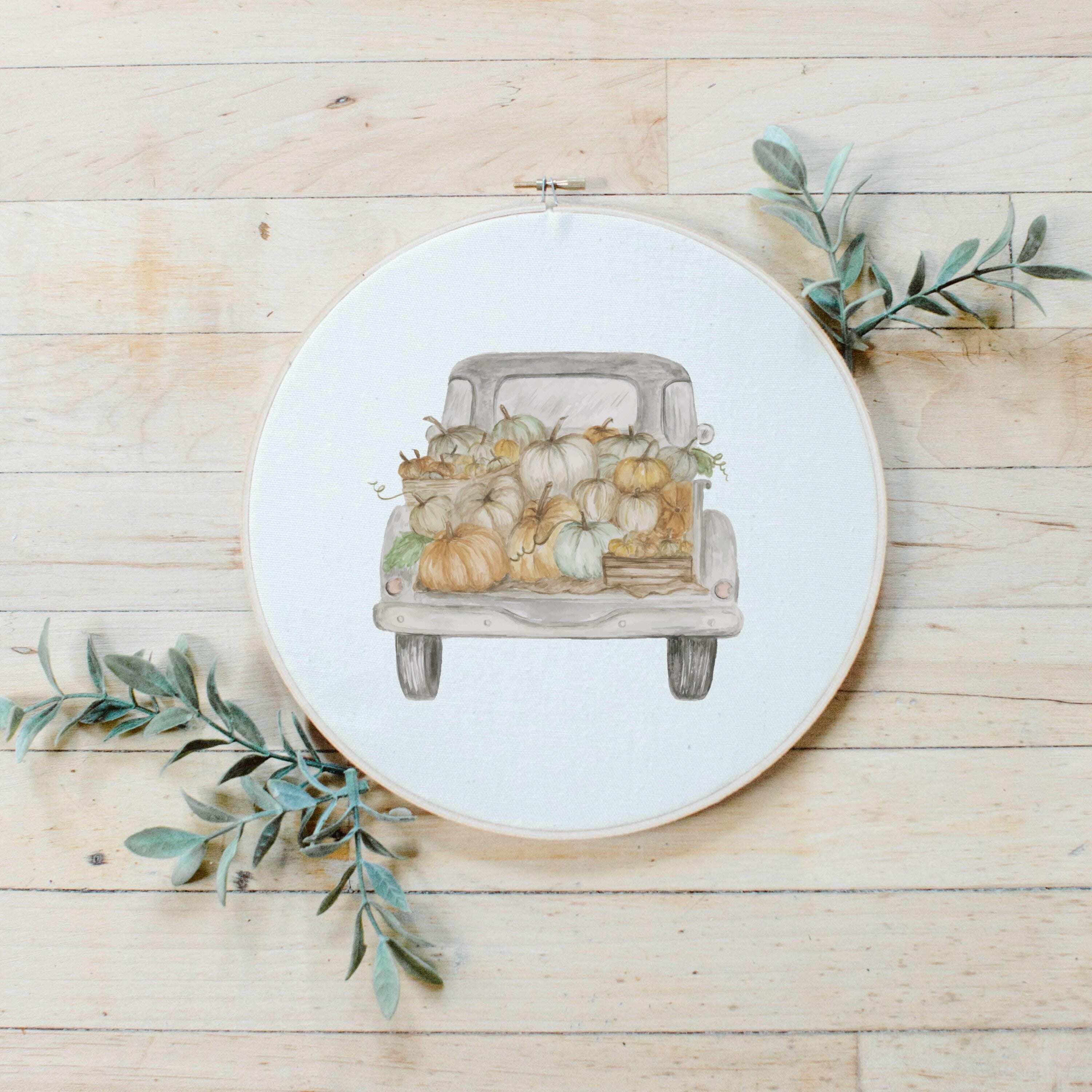 Printed Embroidery Hoop - Pumpkin Truck Watercolor, Easter gift, housewarming gift, spring gift, home decor, wall decor
