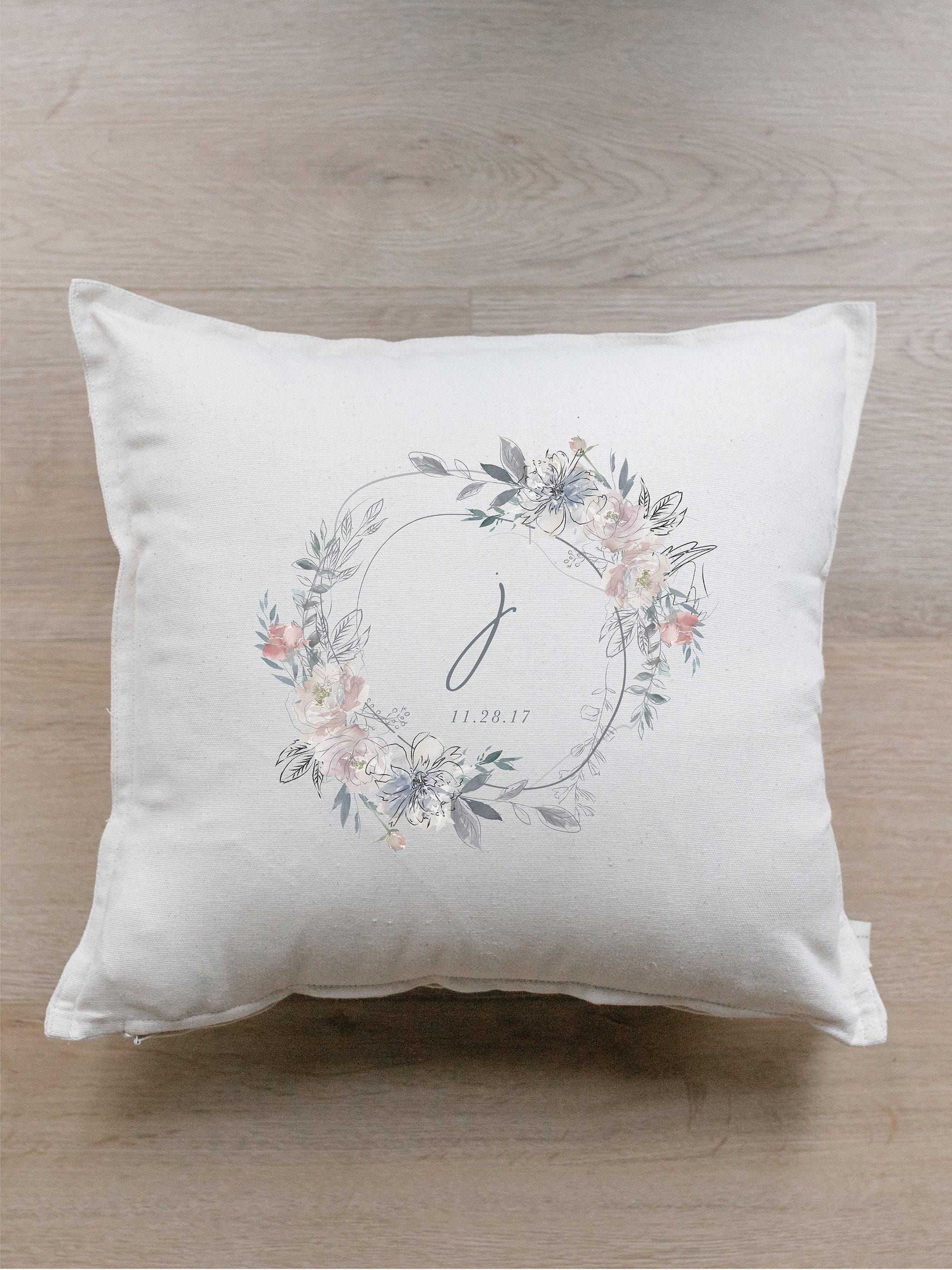 Throw Pillow - Personalized Baby Initial with Floral Wreath - Farmhouse Style, 100% Organic Cotton, Calligraphy Décor, Housewarming gift