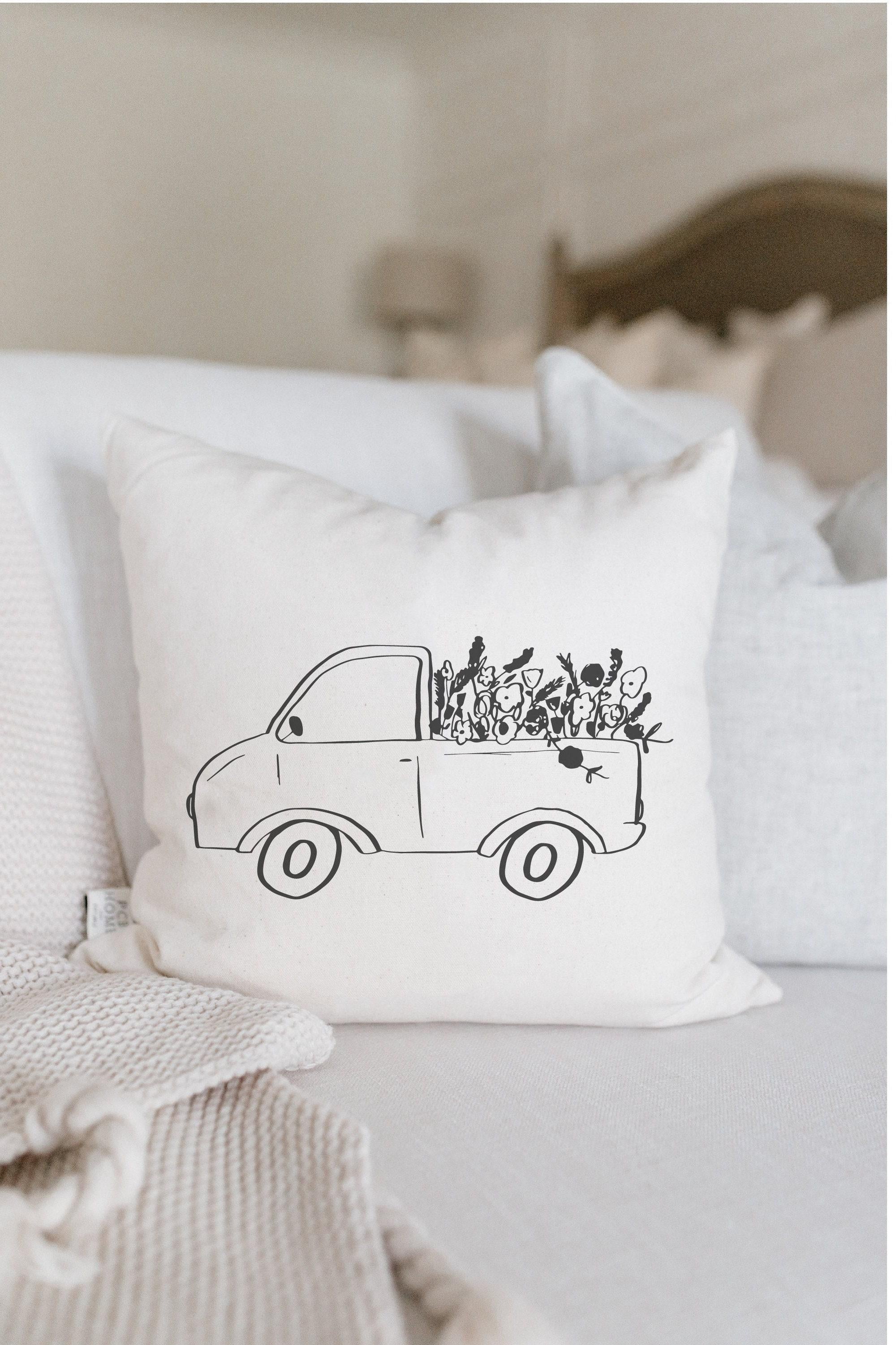 Flower Truck Throw Pillow: Organic Cotton Farmhouse Spring Decor
