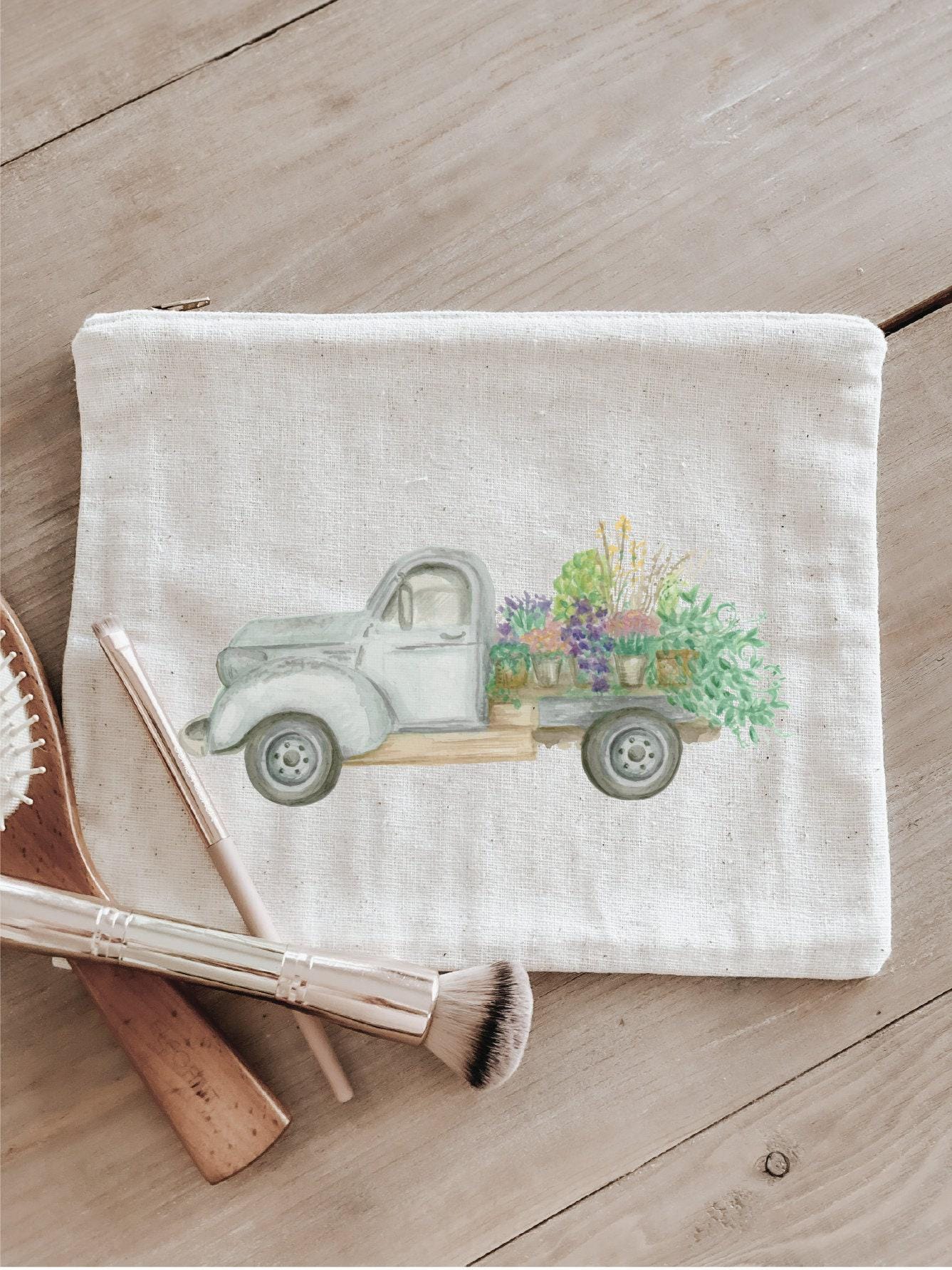 Cosmetic Bag - Floral Truck Watercolor, Handmade in USA, 100% Organic Cotton, Shop Small, Pencil Case, Bridesmaid Gift, Wedding Favor