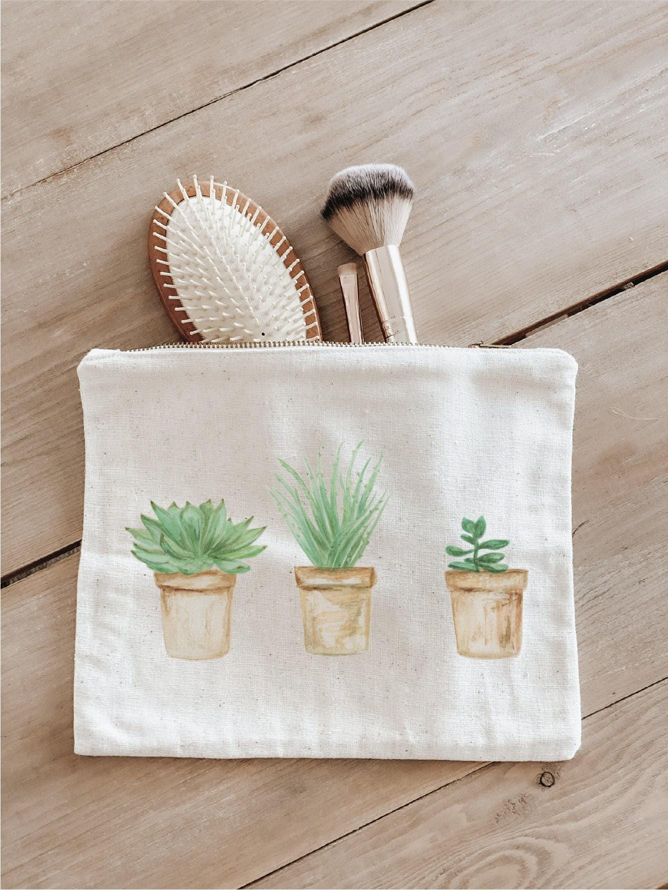 Watercolor Succulents Cosmetic Bag: Organic Cotton Pencil Case