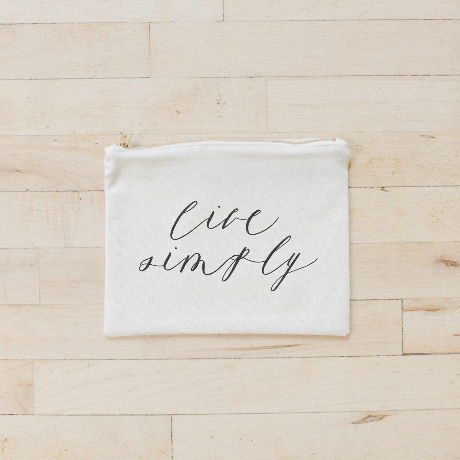 Live Simply Calligraphy Cosmetic Bag: Natural Cotton Makeup Clutch
