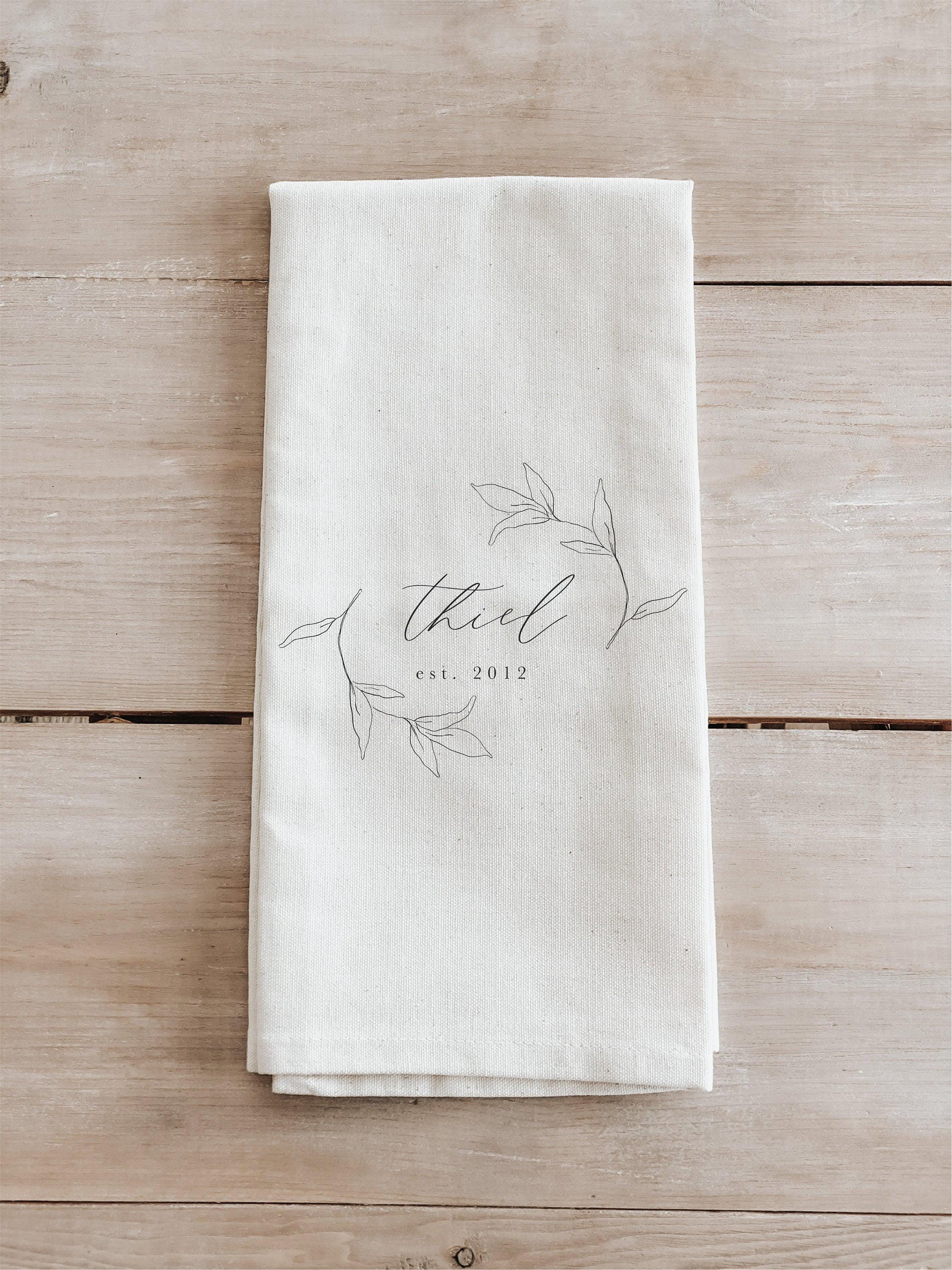 Kitchen Towel - Personalized Last Name Date With Laurels - Made in the USA, housewarming gift, wedding favor, kitchen decor, calligraphy