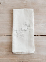 Kitchen Towel - Personalized Last Name Date With Laurels - Made in the USA, housewarming gift, wedding favor, kitchen decor, calligraphy