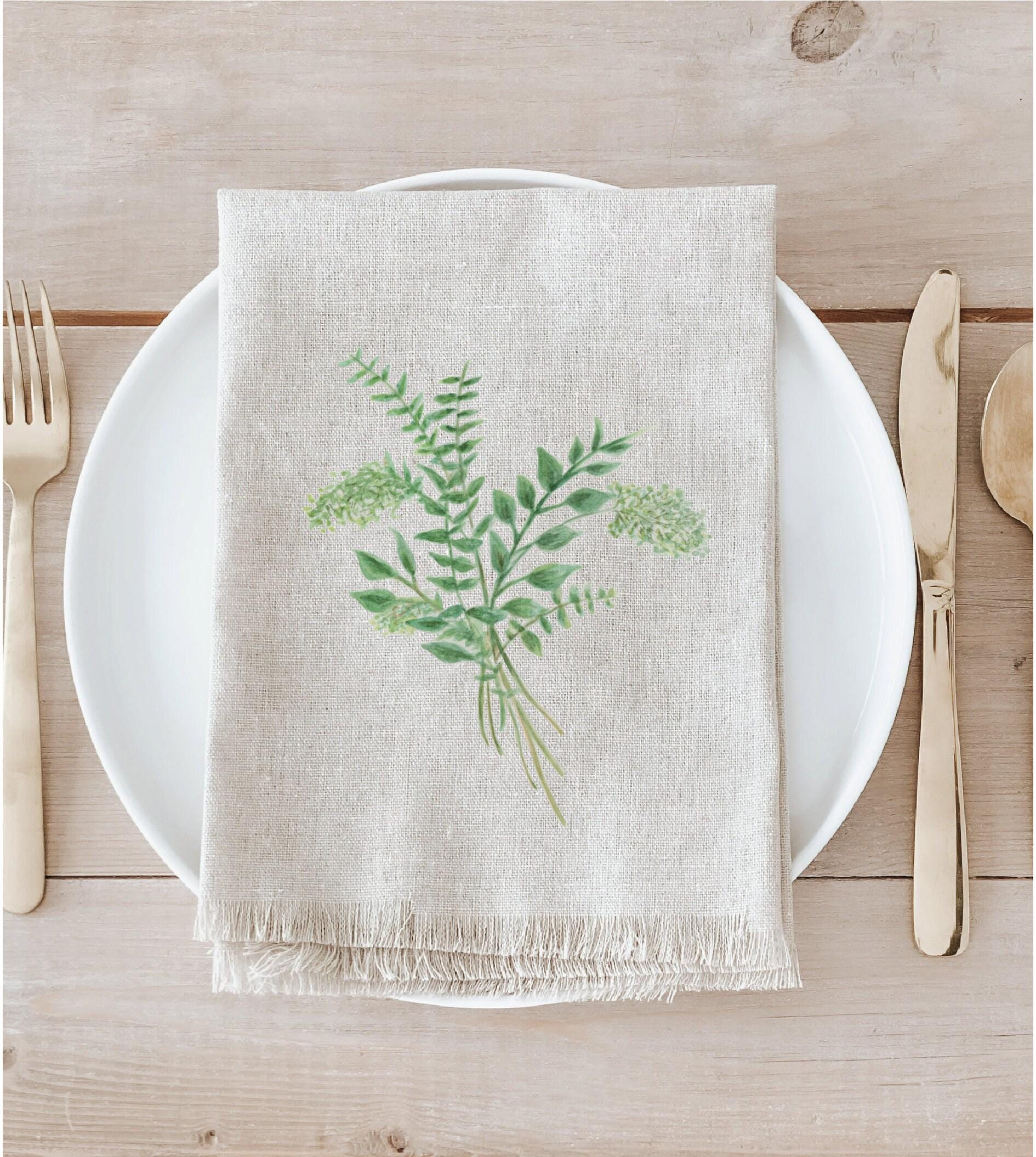 Eucalyptus Linen Napkin: Hand Lettered Calligraphy, Fringe Edge