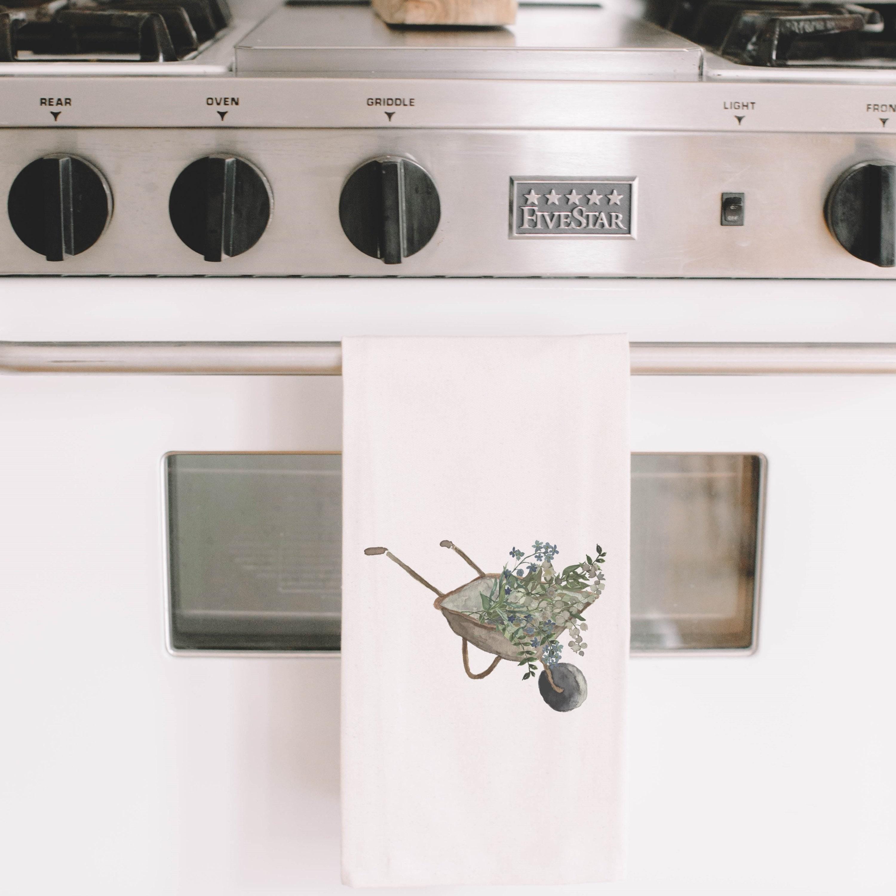 Tea Towel - Wheel Barrow Watercolor - Made in the USA, housewarming gift, kitchen decor, Easter present, calligraphy design