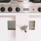 Tea Towel - Wheel Barrow Watercolor - Made in the USA, housewarming gift, kitchen decor, Easter present, calligraphy design