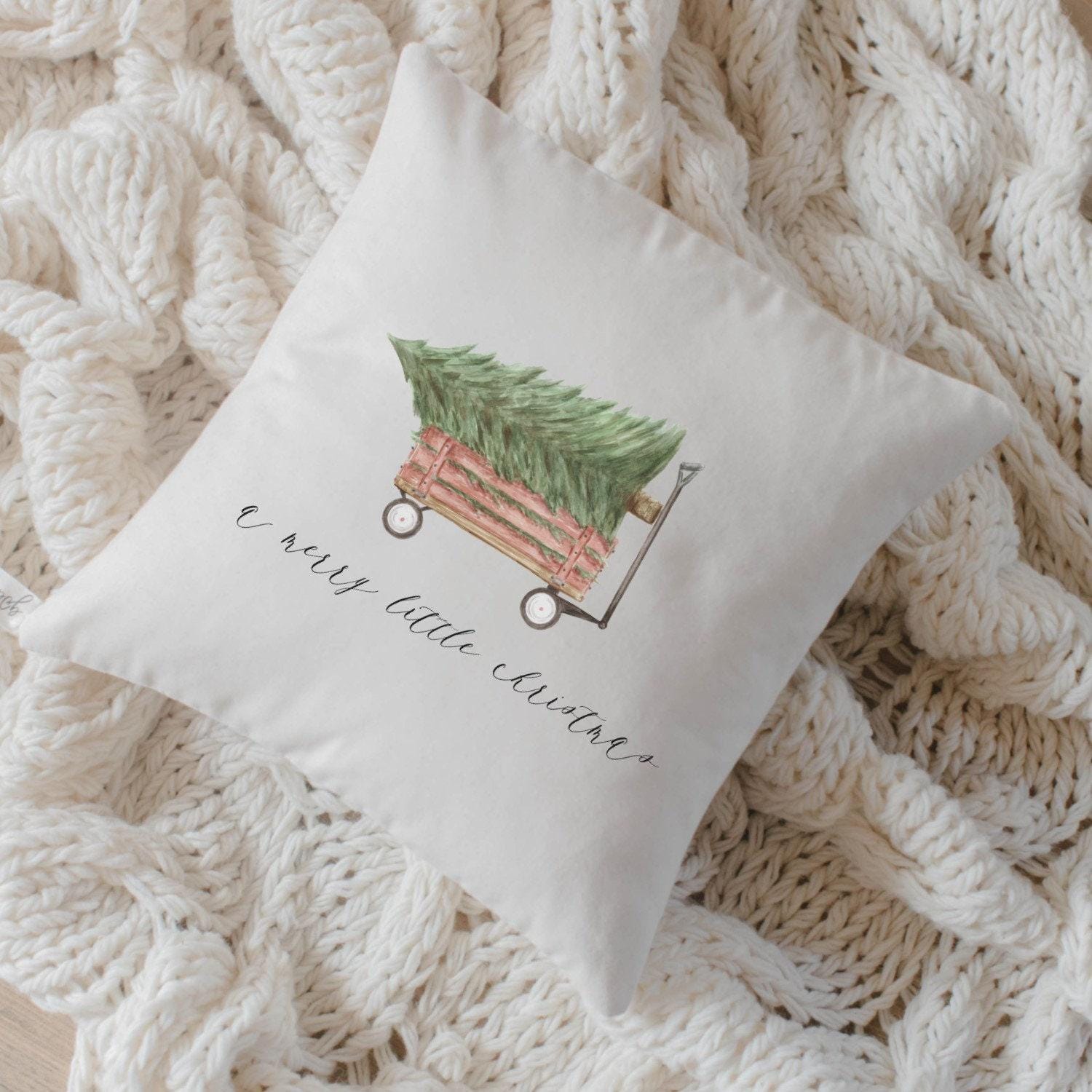 Christmas Throw Pillow -  A Merry Little Christmas Watercolor, Handmade in USA, 100% Organic Cotton, Home Decor, Cute, Housewarming gift,