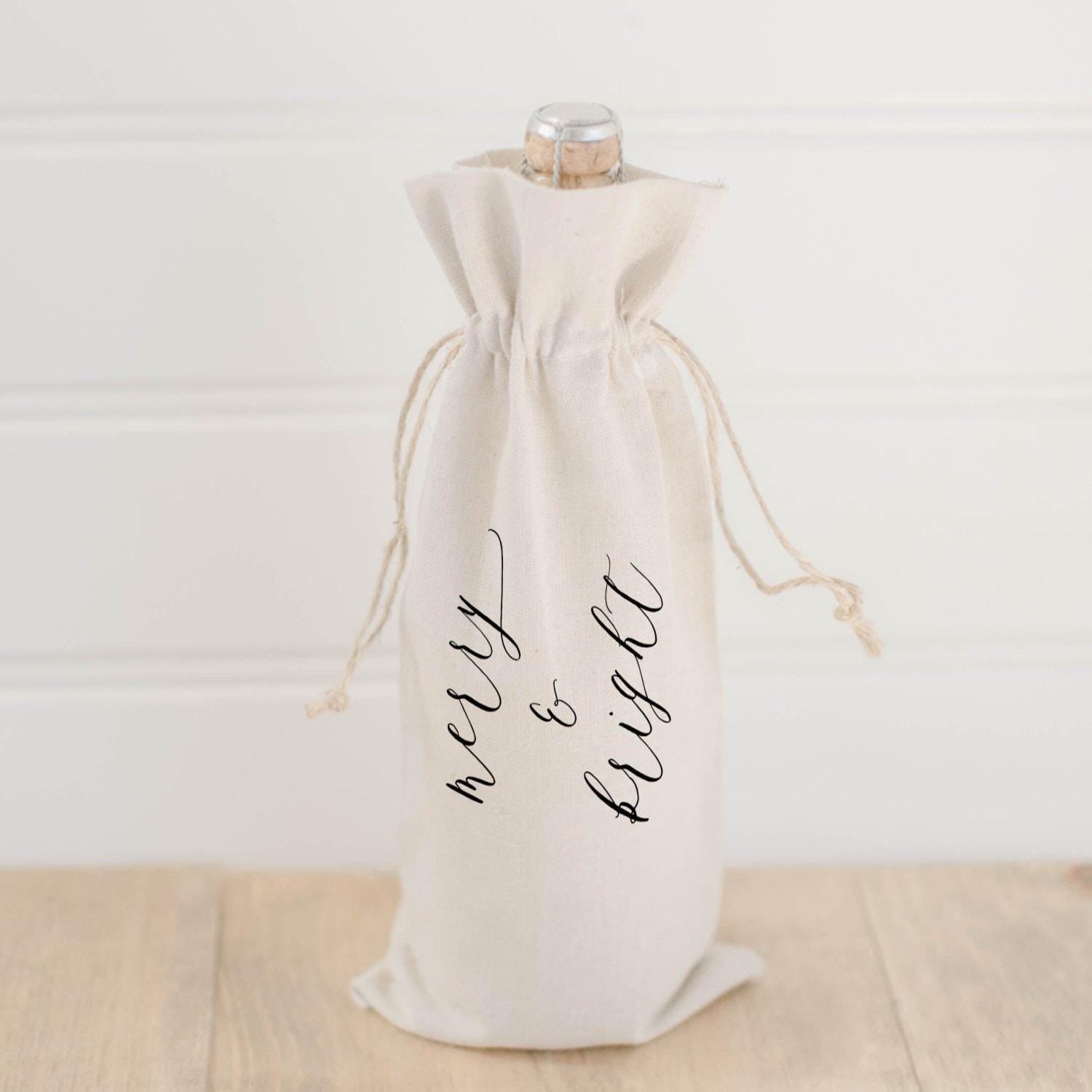 Wine Bag - Merry & Bright, hostess gift, wedding gift, Handmade in USA, Winter Decor, Gift, Present for Her, Seasonal Home Decor