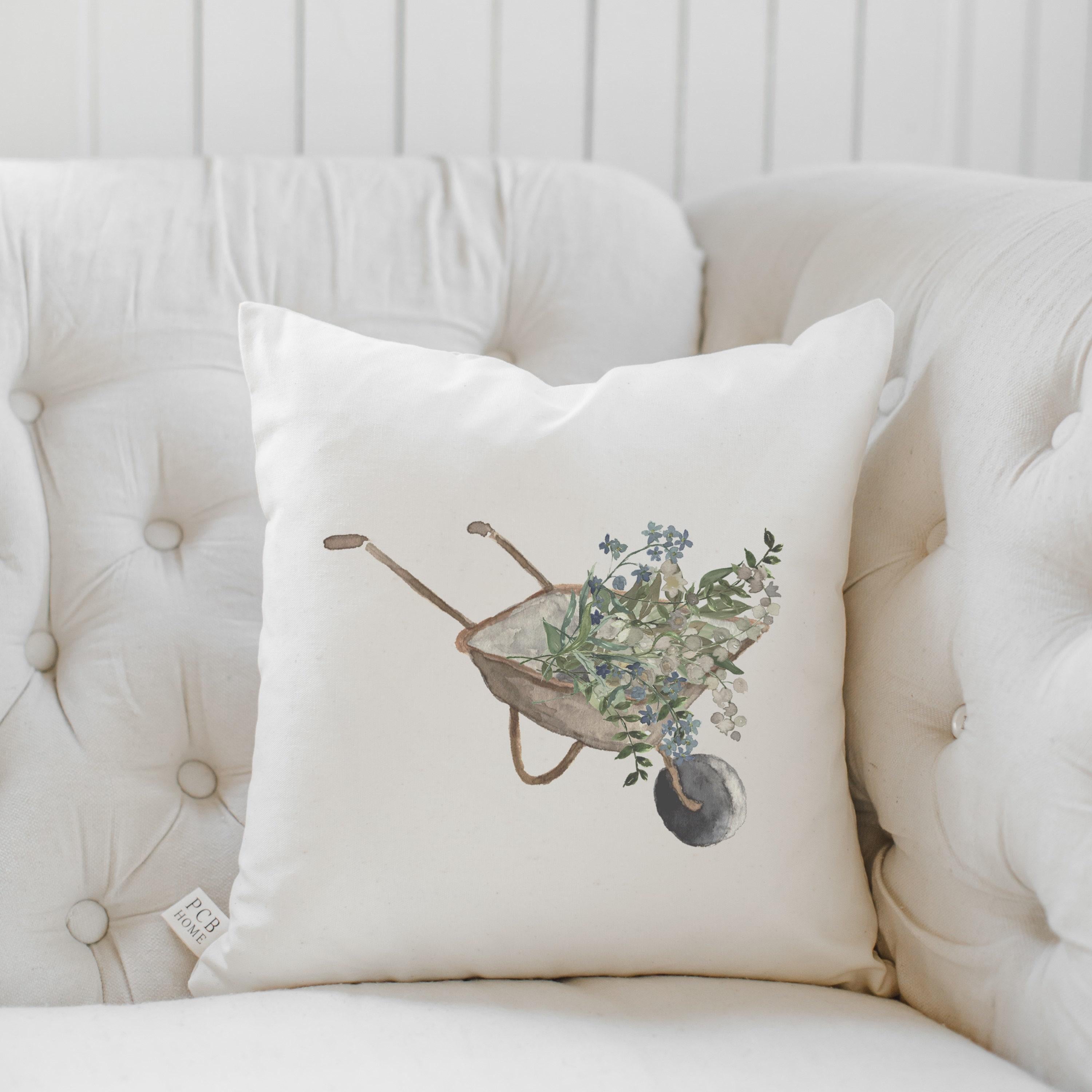 Throw Pillow - Wheel Barrow Watercolor, Handmade in USA, 100% Organic Cotton, Home Decor, Shop Small, Housewarming gift, Spring Decor