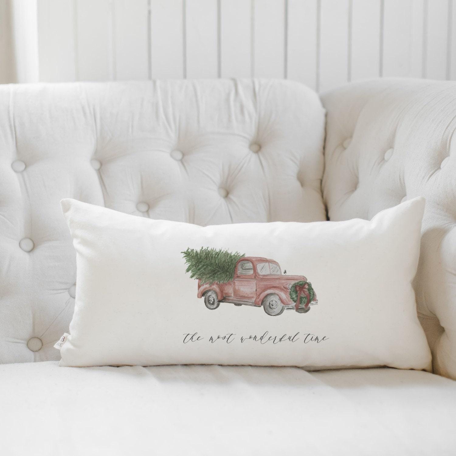 Christmas Lumbar Pillow - The Most Wonderful Time of the Year, Handmade in USA, Watercolor Home Decor, Seasonal Decor, Vintage, Farmhouse
