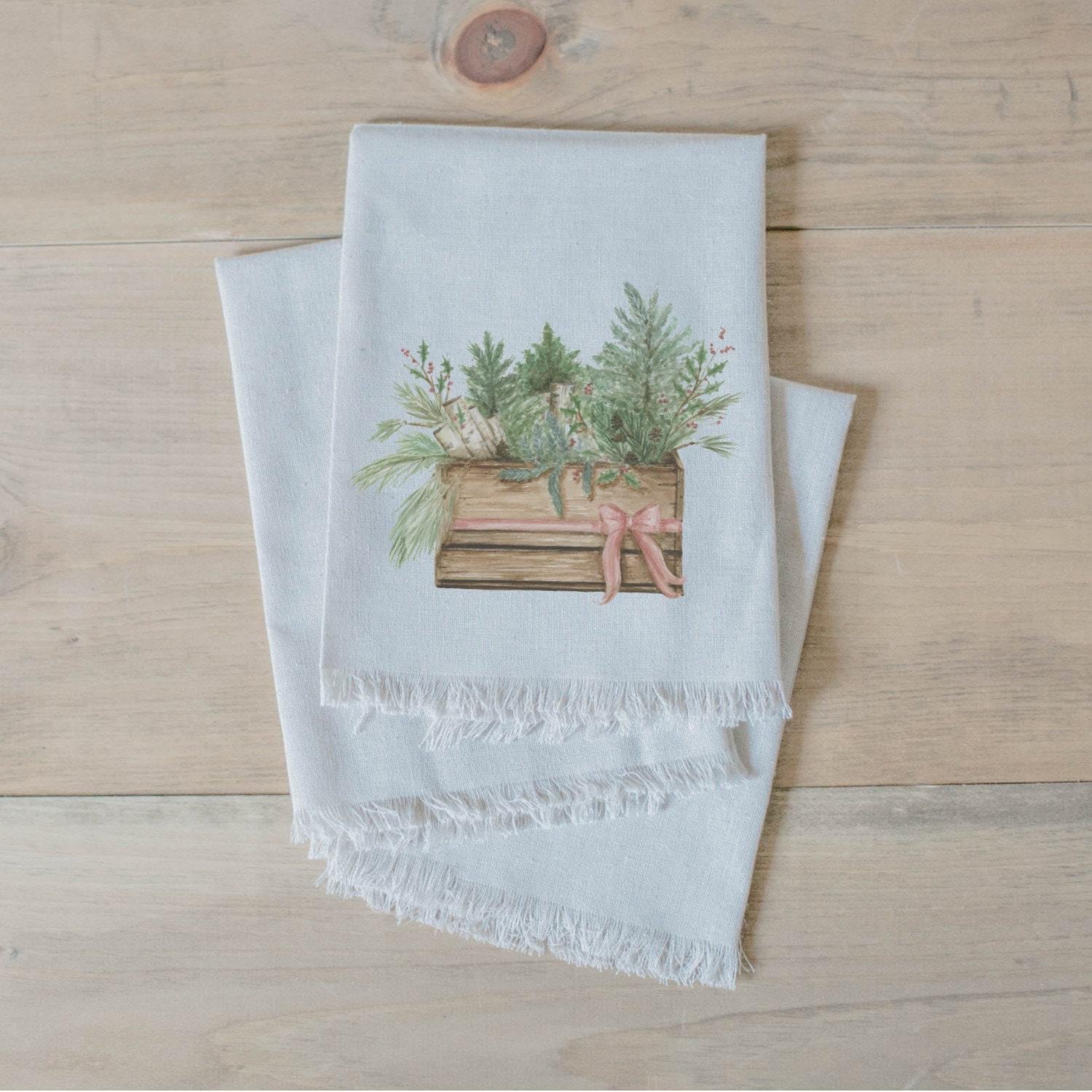 Christmas Napkin Set - Greens in Crate Watercolor, Decor, Housewarming, Tableware, Place Setting, Table Setting, Seasonal Decor
