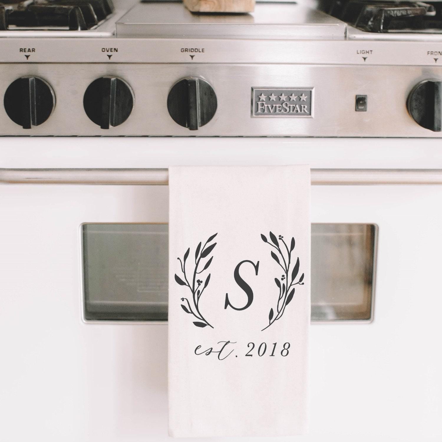 Personalized Initial Tea Towel: Laurel Wreath Design, Organic Cotton