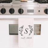 Personalized Initial Tea Towel: Laurel Wreath Design, Organic Cotton