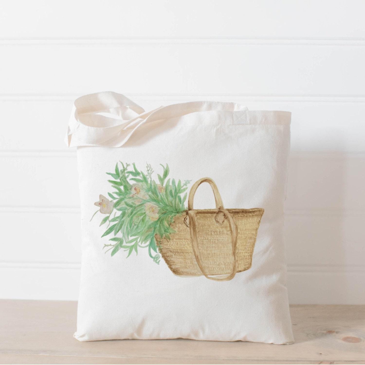 Tote Bags - Market Basket Flowers Watercolor