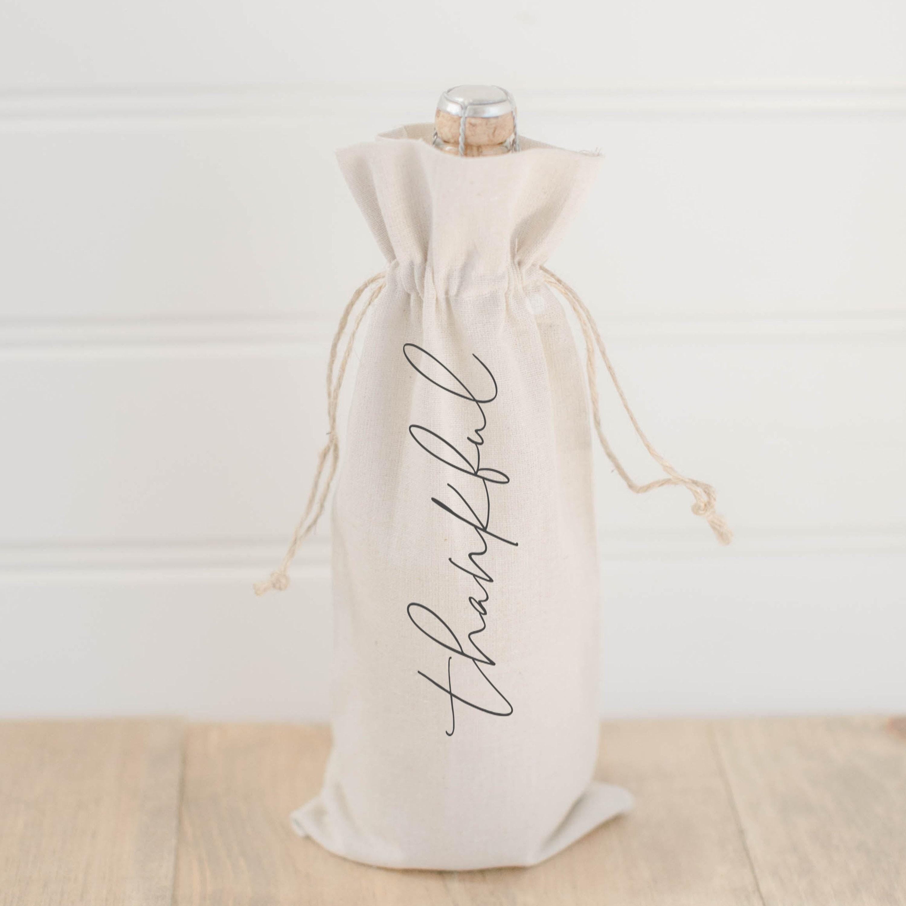 Wine Bag - Thankful, Calligraphy, hostess gift or wedding gift, engagement present