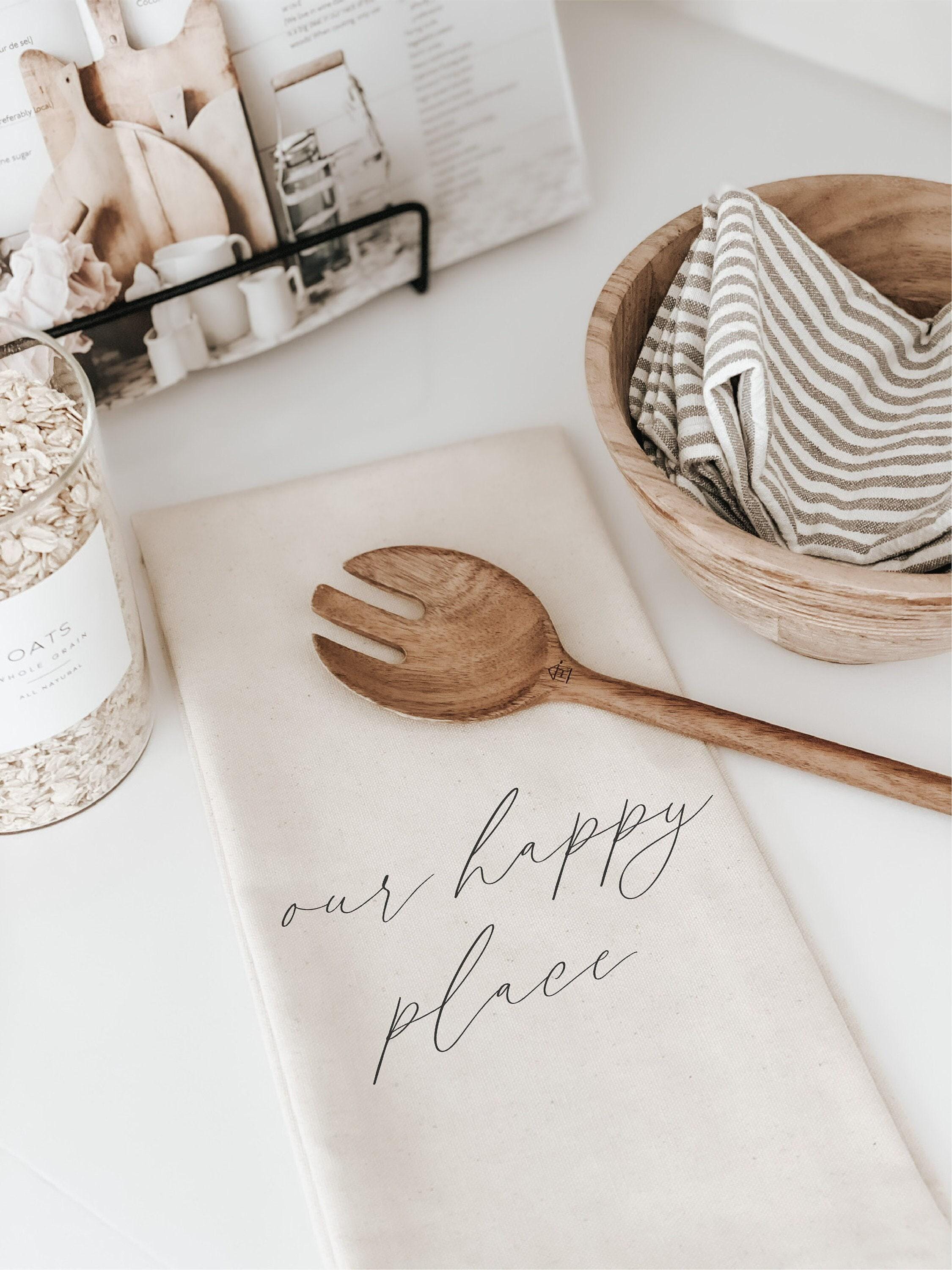 Our Happy Place Kitchen Towel: Organic Cotton Calligraphy Decor