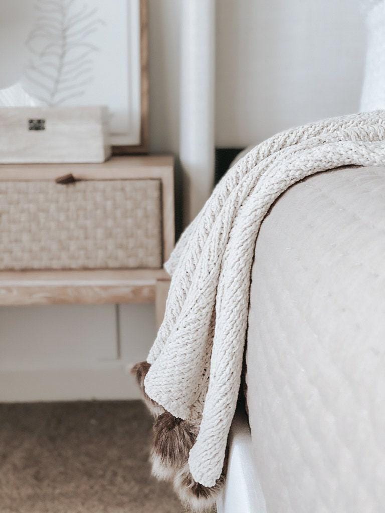 Cream With Faux Fur Poms Knit Throw Blanket - cozy throw, housewarming gift, snuggle up, home decor, sofa blanket